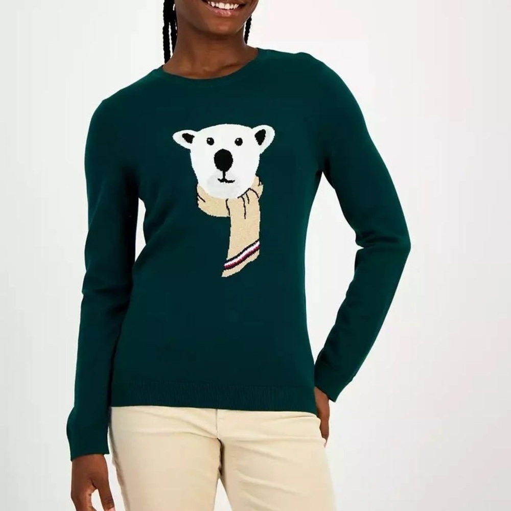 Tommy Hilfiger crewneck polar bear scarf green sweater